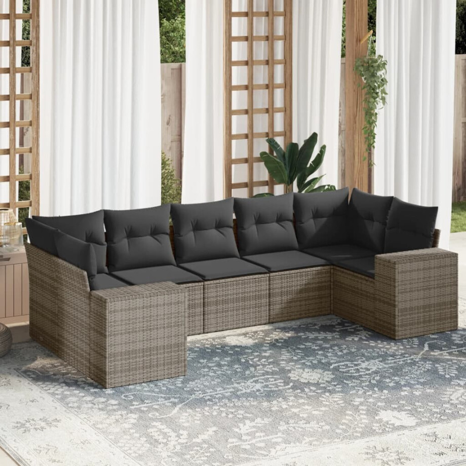 vidaXL 7-delige Loungeset met kussens poly rattan grijs afbeelding 1