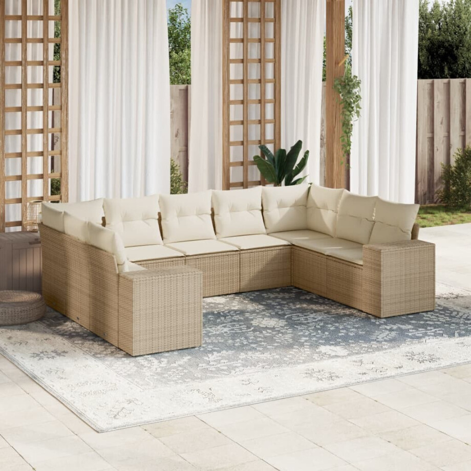 vidaXL 9-delige Loungeset met kussens poly rattan beige afbeelding 1