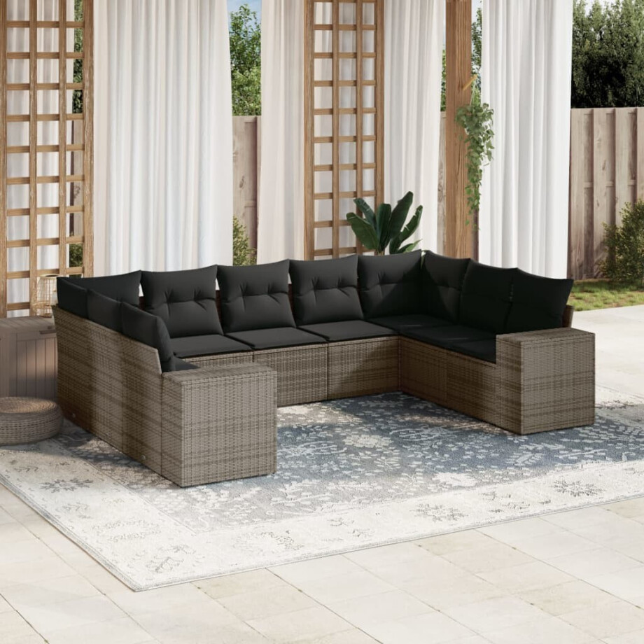 vidaXL 9-delige Loungeset met kussens poly rattan grijs afbeelding 1