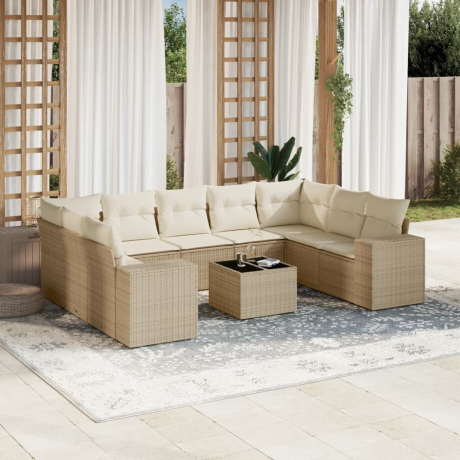 vidaXL 10-delige Loungeset met kussens poly rattan beige afbeelding 1