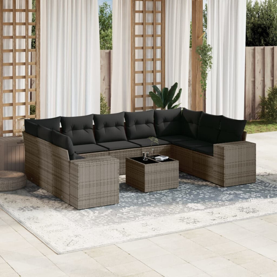 vidaXL 10-delige Loungeset met kussens poly rattan grijs afbeelding 1