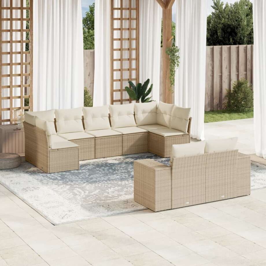 vidaXL 9-delige Loungeset met kussens poly rattan beige afbeelding 1