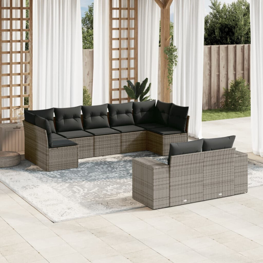 vidaXL 9-delige Loungeset met kussens poly rattan grijs afbeelding 1