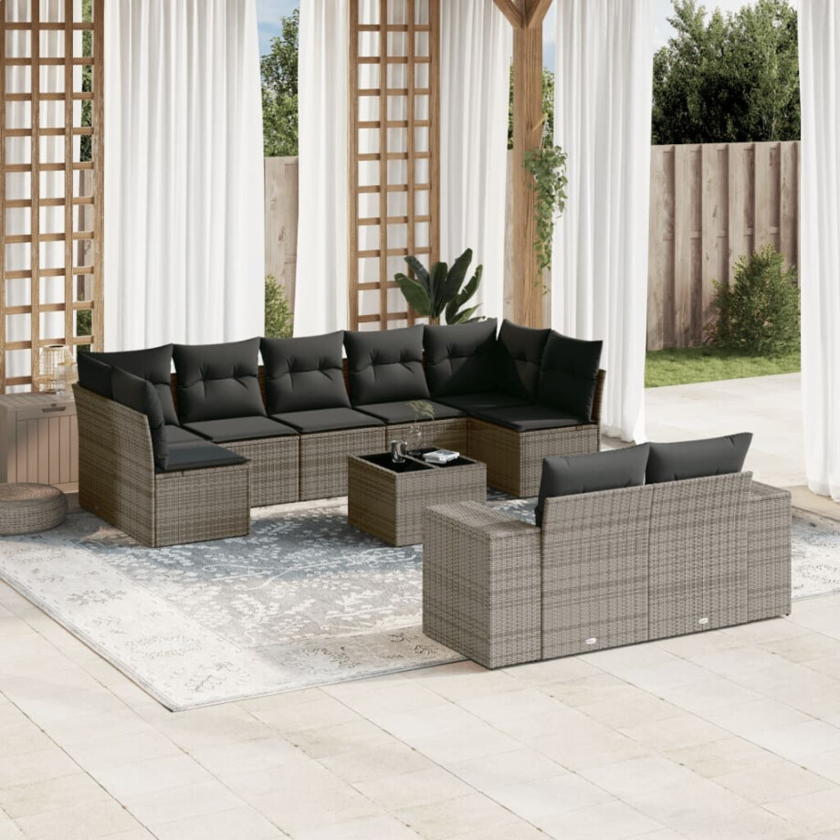 vidaXL 10-delige Loungeset met kussens poly rattan grijs afbeelding 1