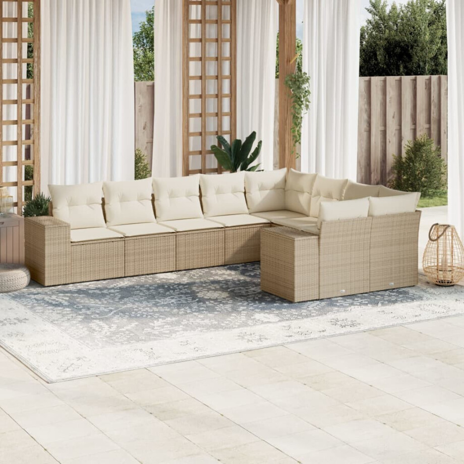 vidaXL 9-delige Loungeset met kussens poly rattan beige afbeelding 1