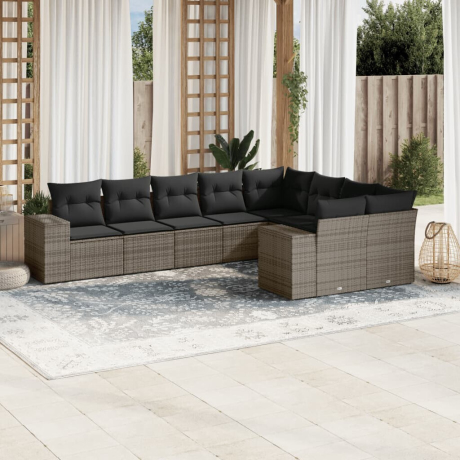 vidaXL 9-delige Loungeset met kussens poly rattan grijs afbeelding 1