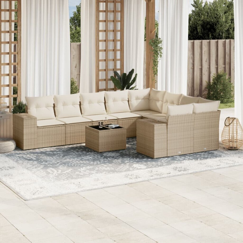 vidaXL 10-delige Loungeset met kussens poly rattan beige vidaXL 10-delige Loungeset met kussens poly rattan beige afbeelding 1