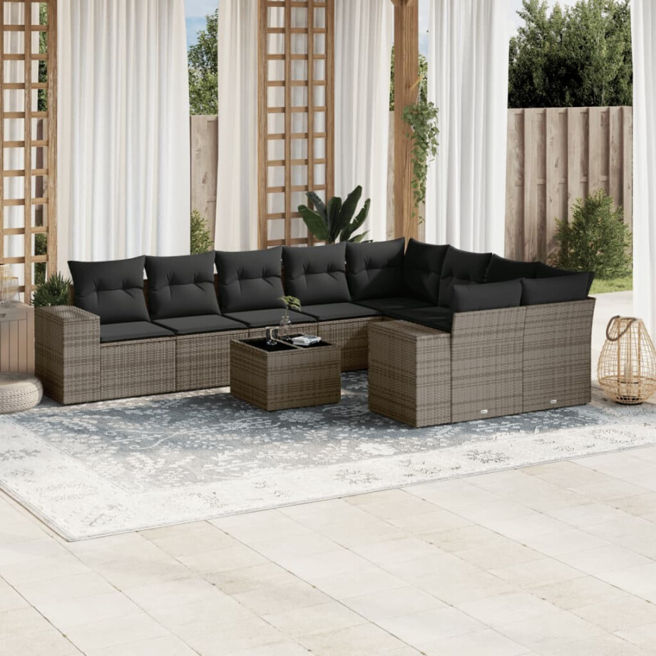 vidaXL 10-delige Loungeset met kussens poly rattan grijs afbeelding 1