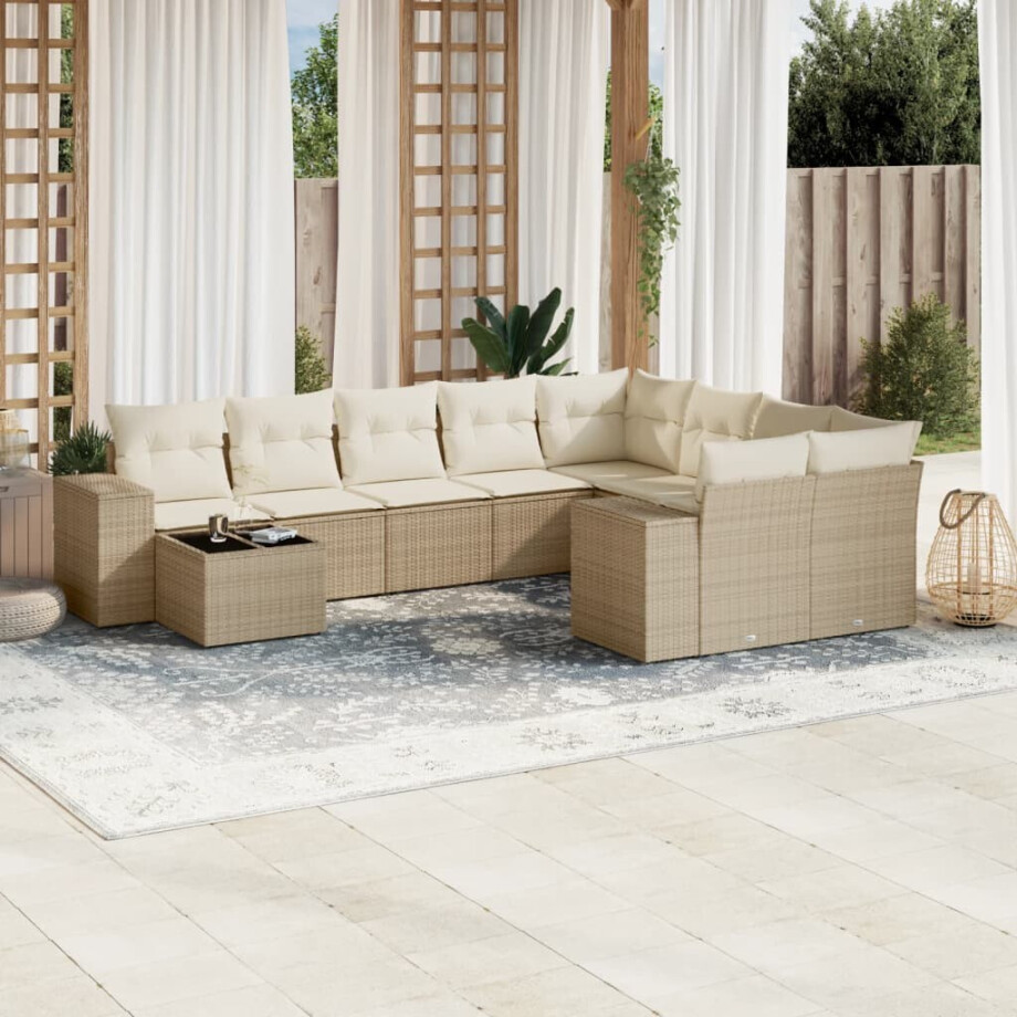 vidaXL 10-delige Loungeset met kussens poly rattan beige afbeelding 1