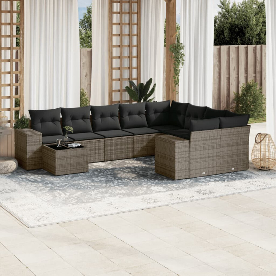vidaXL 10-delige Loungeset met kussens poly rattan grijs afbeelding 1
