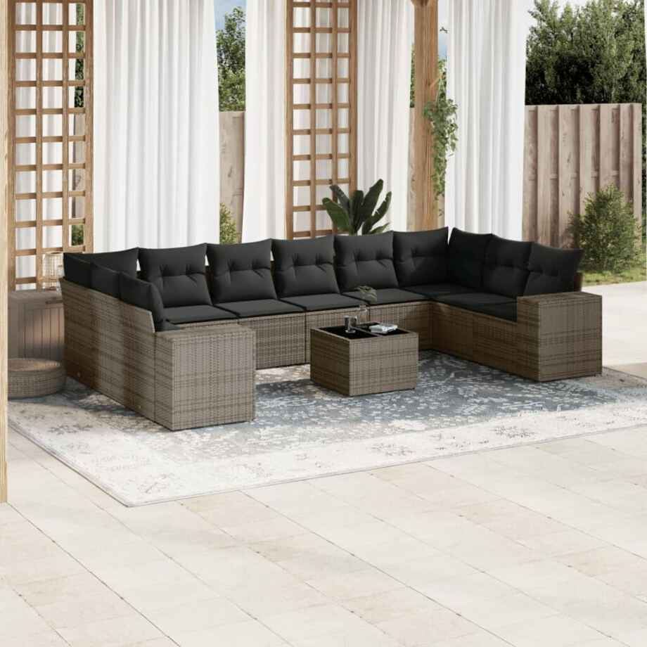 vidaXL 11-delige Loungeset met kussens poly rattan grijs afbeelding 1