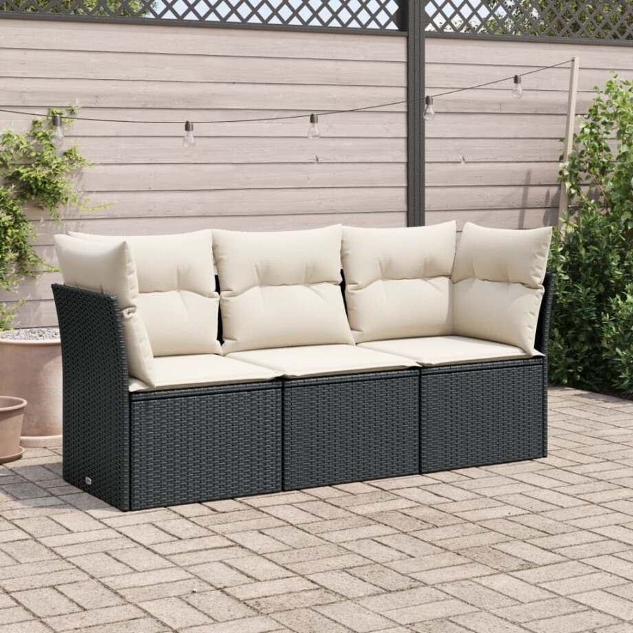 vidaXL 3-delige Loungeset met kussens poly rattan zwart afbeelding 1