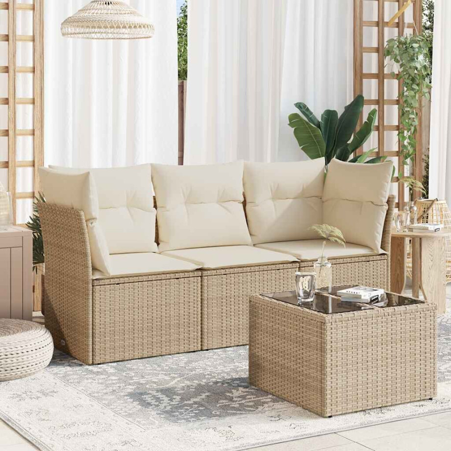vidaXL 4-delige Loungeset met kussens poly rattan beige afbeelding 1