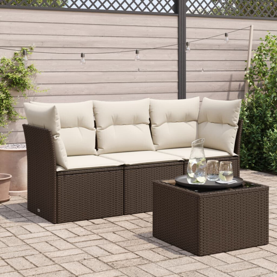 vidaXL 4-delige Loungeset met kussens poly rattan bruin vidaXL 4-delige Loungeset met kussens poly rattan bruin afbeelding 1