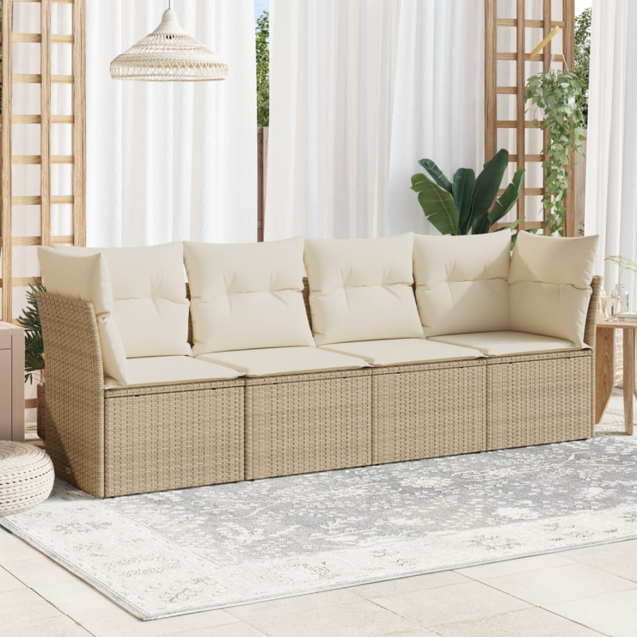 vidaXL 4-delige Loungeset met kussens poly rattan beige afbeelding 1