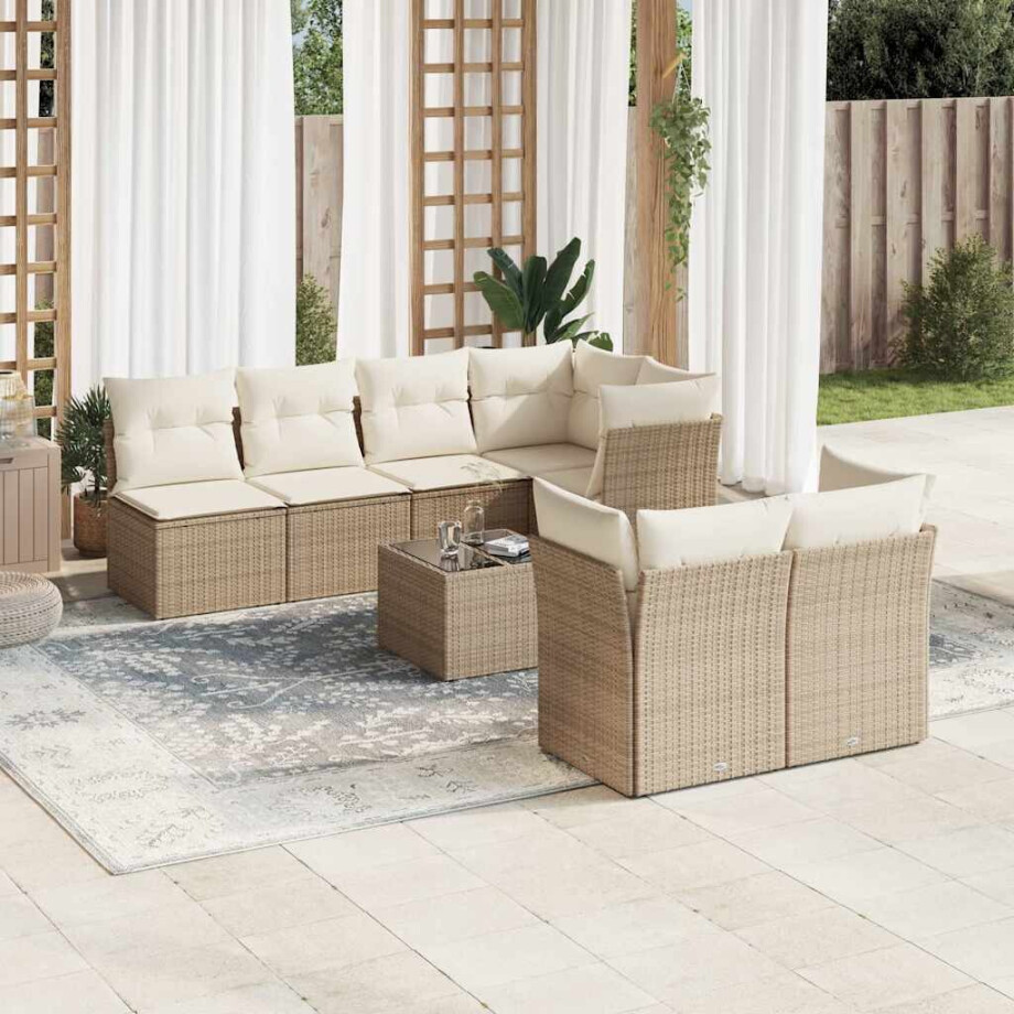 vidaXL 8-delige Loungeset met kussens poly rattan beige vidaXL 8-delige Loungeset met kussens poly rattan beige afbeelding 1