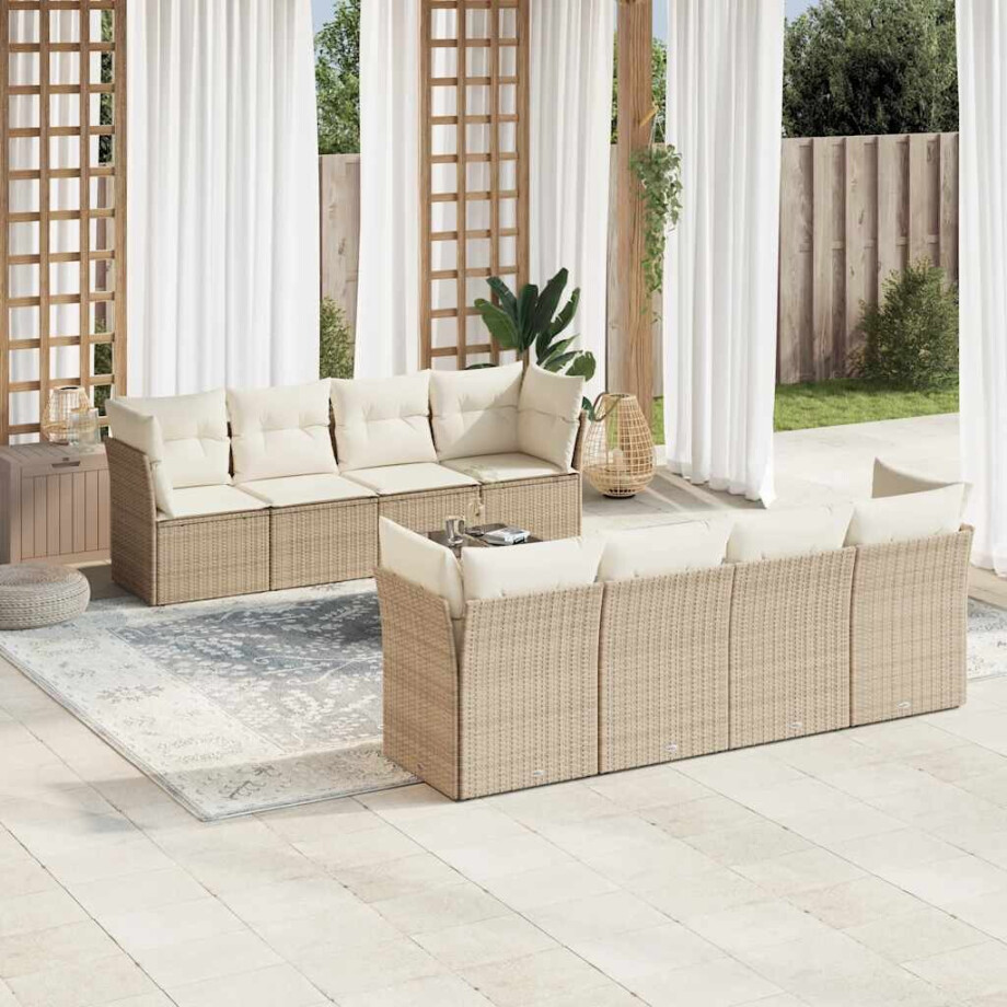 vidaXL 9-delige Loungeset met kussens poly rattan beige vidaXL 9-delige Loungeset met kussens poly rattan beige afbeelding 1
