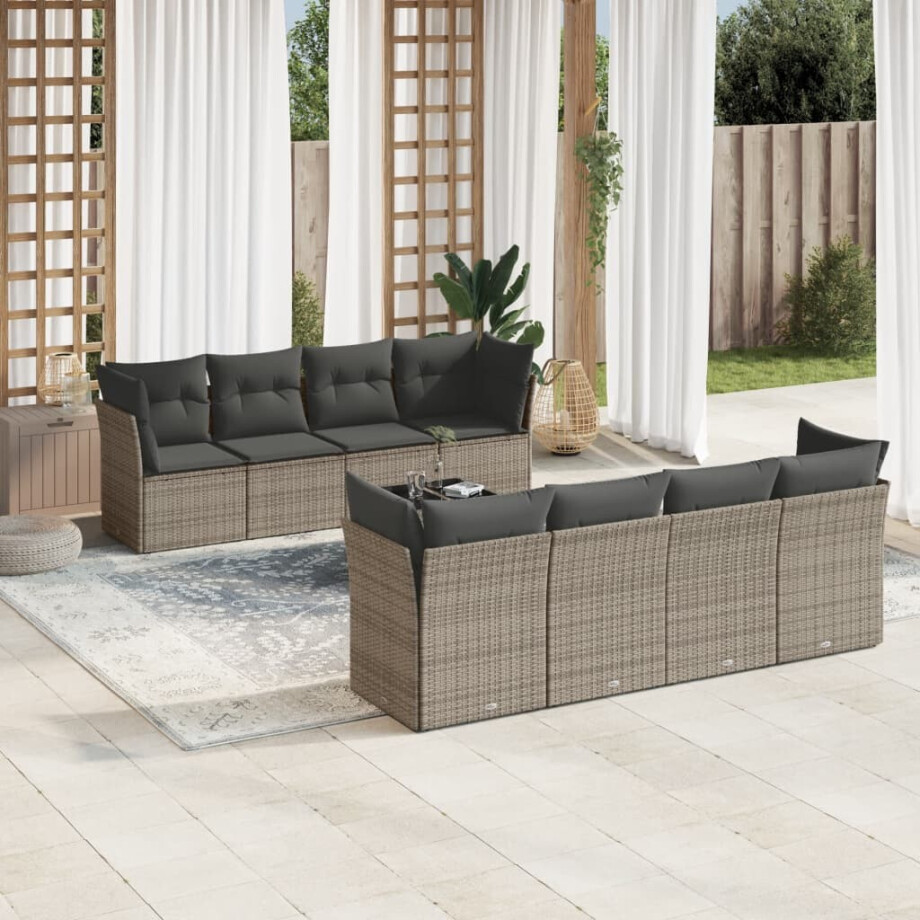 vidaXL 9-delige Loungeset met kussens poly rattan grijs afbeelding 1