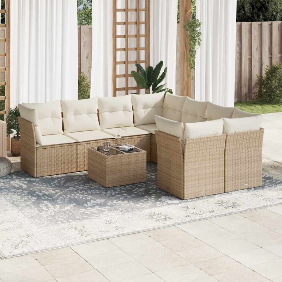 vidaXL 9-delige Loungeset met kussens poly rattan beige afbeelding 1