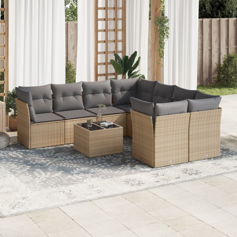 vidaXL 9-delige Loungeset met kussens poly rattan beige vidaXL 9-delige Loungeset met kussens poly rattan beige afbeelding 1