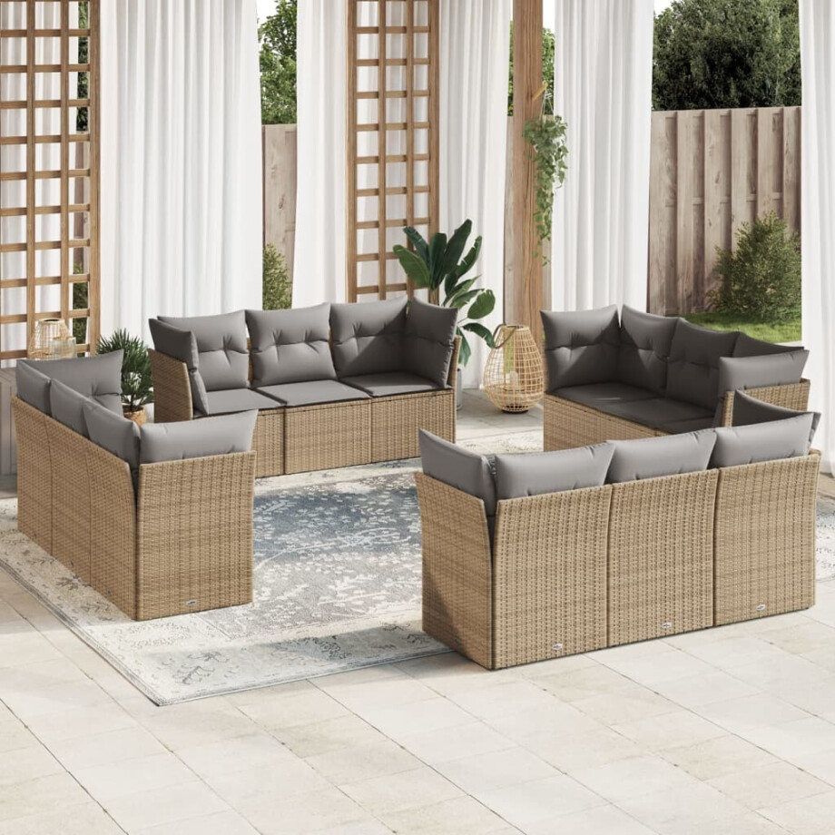 vidaXL 12-delige Loungeset met kussens poly rattan beige afbeelding 1