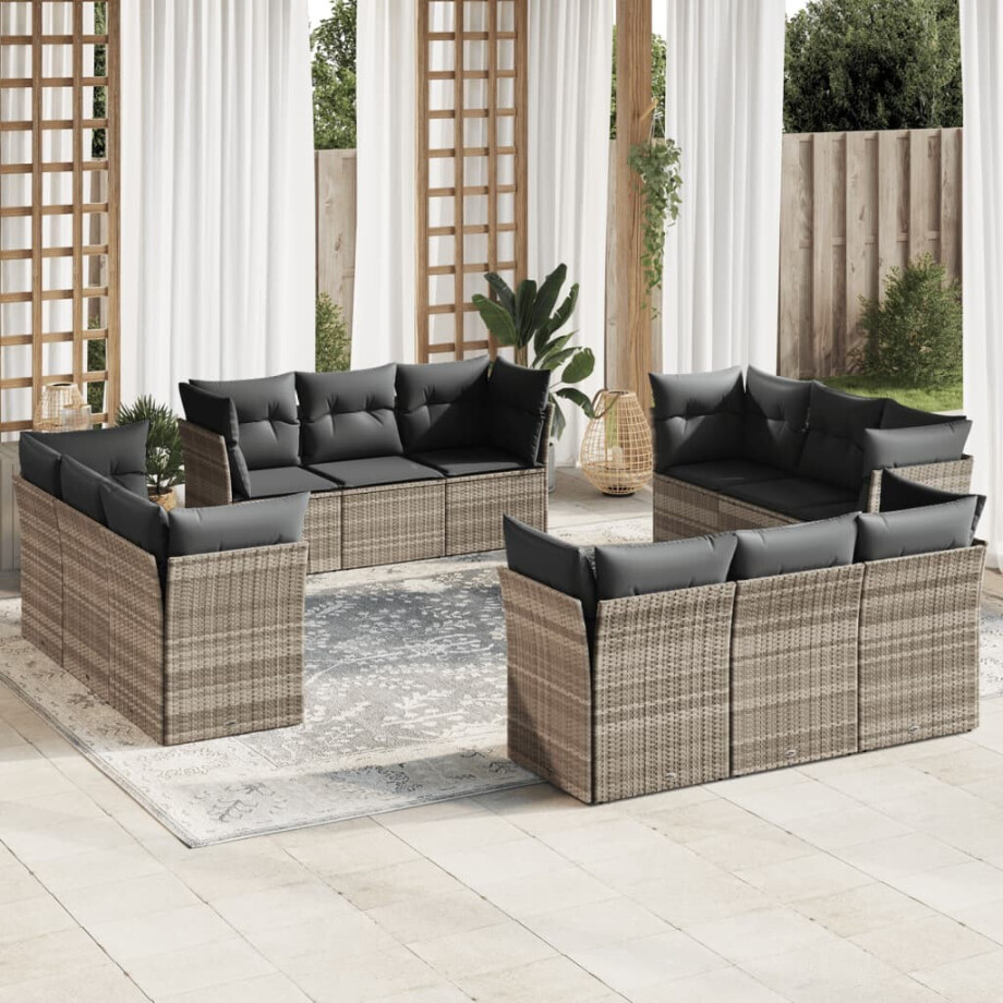 vidaXL 12-delige Loungeset met kussens poly rattan lichtgrijs afbeelding 1