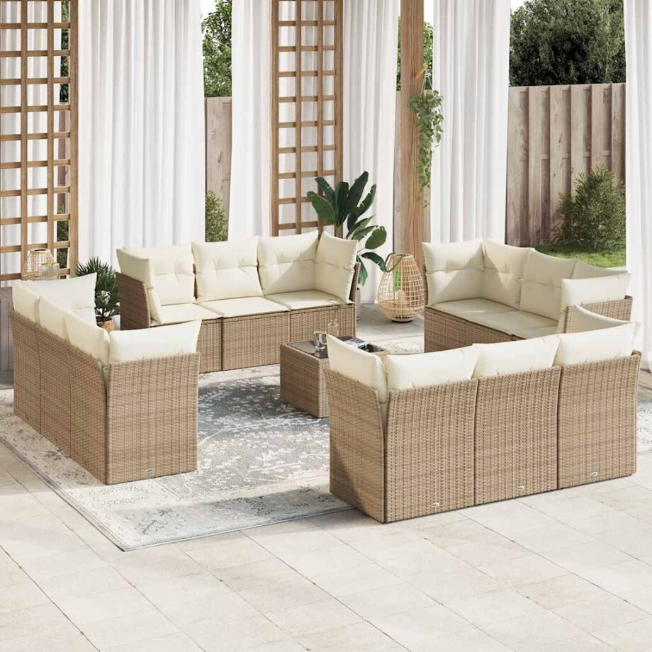 vidaXL 13-delige Loungeset met kussens poly rattan beige afbeelding 1