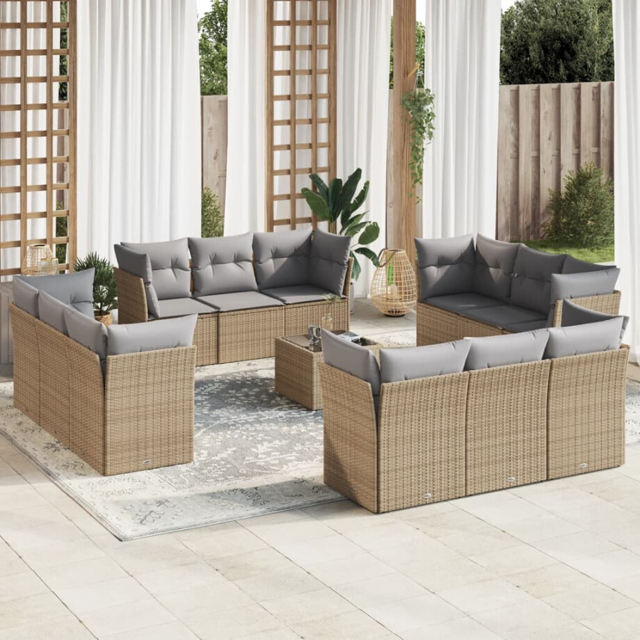 vidaXL 13-delige Loungeset met kussens poly rattan beige afbeelding 1