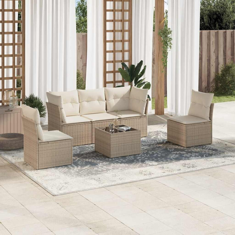 vidaXL 6-delige Loungeset met kussens poly rattan beige afbeelding 1