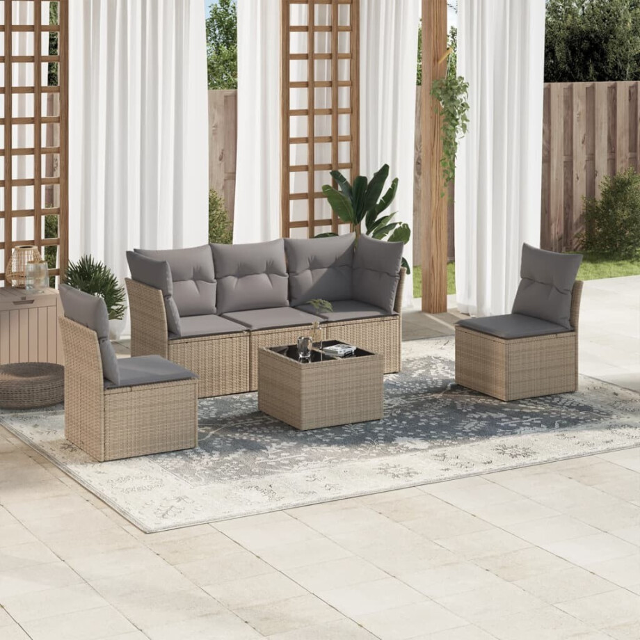 vidaXL 6-delige Loungeset met kussens poly rattan beige afbeelding 1