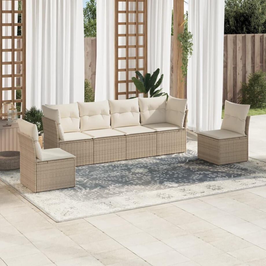 vidaXL 6-delige Loungeset met kussens poly rattan beige afbeelding 1