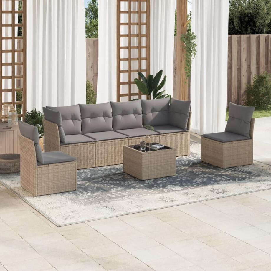 vidaXL 7-delige Loungeset met kussens poly rattan beige afbeelding 1