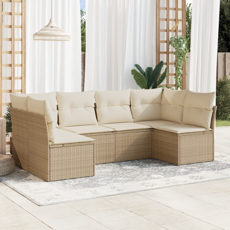 vidaXL 6-delige Loungeset met kussens poly rattan beige afbeelding 1