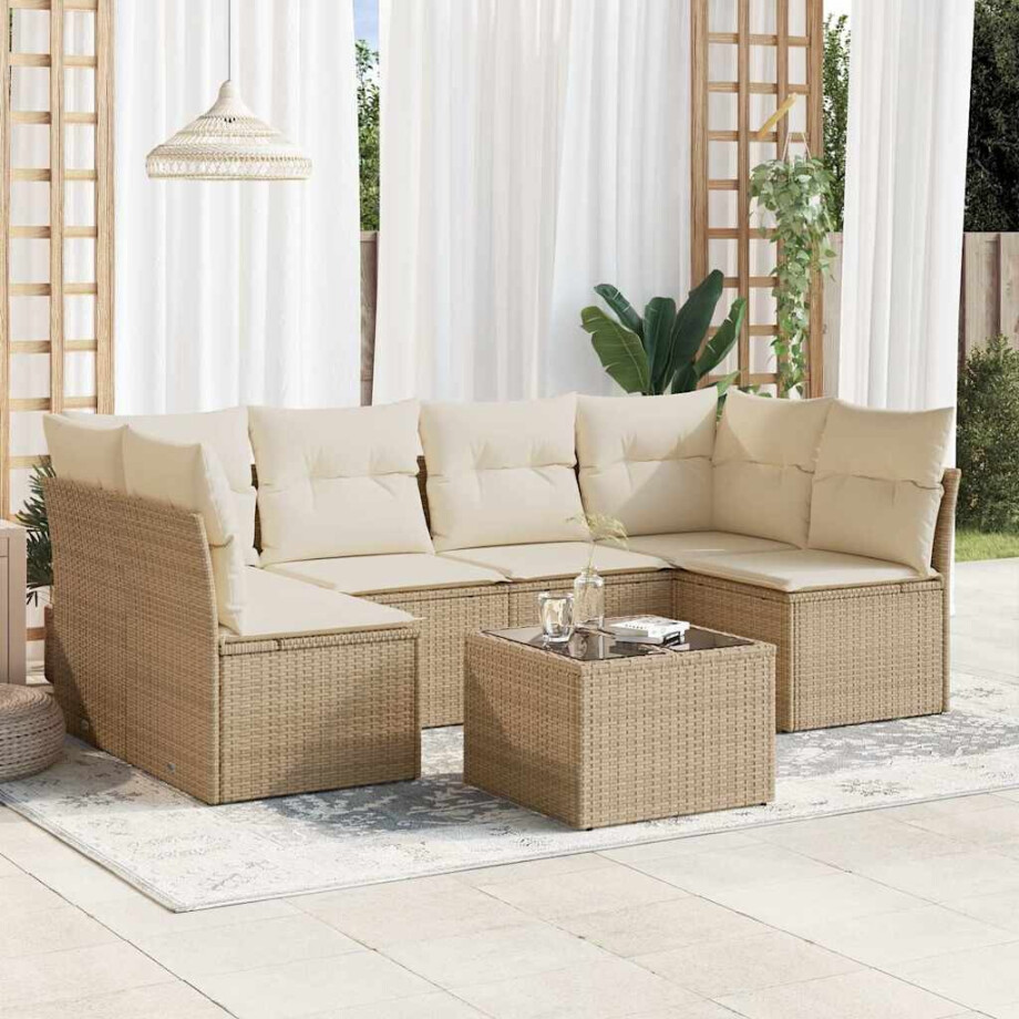 vidaXL 7-delige Loungeset met kussens poly rattan beige afbeelding 1