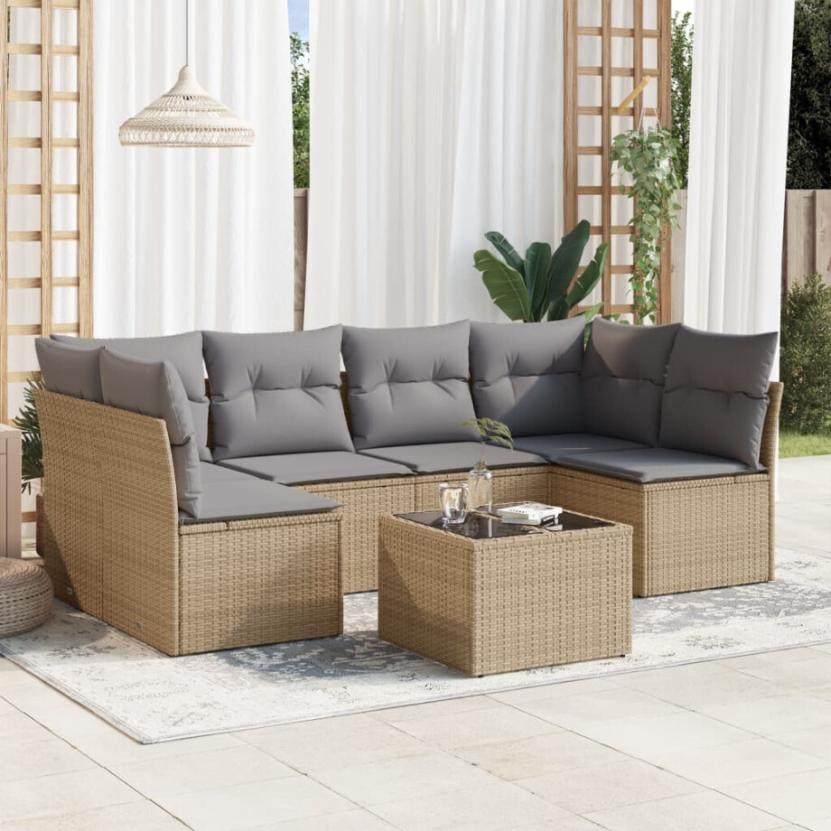 vidaXL 7-delige Loungeset met kussens poly rattan beige afbeelding 1