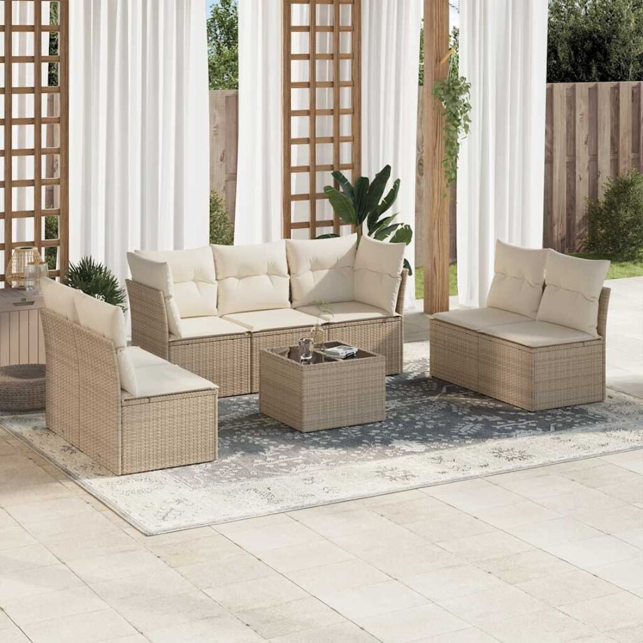 vidaXL 8-delige Loungeset met kussens poly rattan beige afbeelding 1