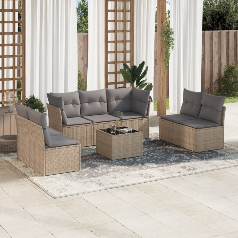 vidaXL 8-delige Loungeset met kussens poly rattan beige afbeelding 1