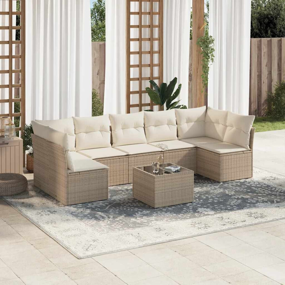 vidaXL 8-delige Loungeset met kussens poly rattan beige afbeelding 1