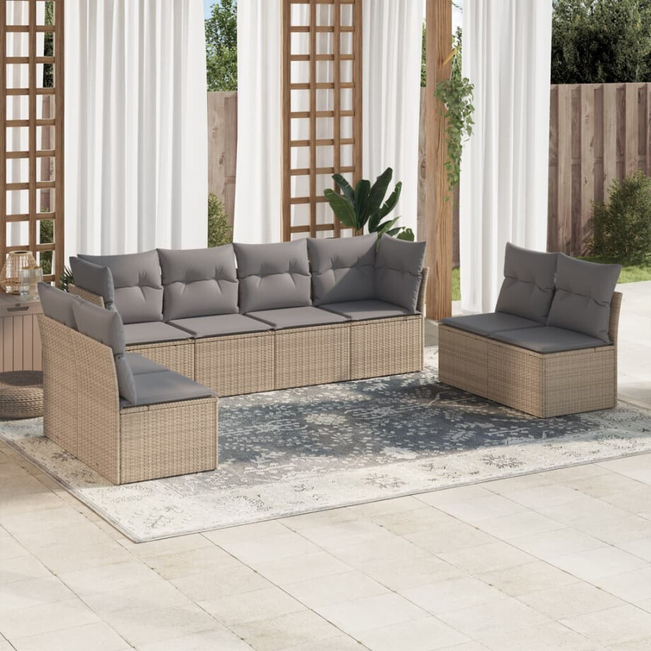 vidaXL 8-delige Loungeset met kussens poly rattan beige afbeelding 1