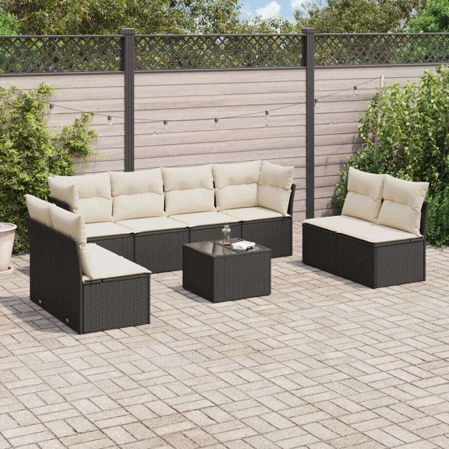 vidaXL 9-delige Loungeset met kussens poly rattan zwart vidaXL 9-delige Loungeset met kussens poly rattan zwart afbeelding 1