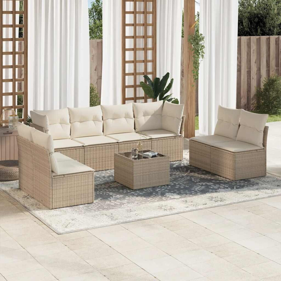 vidaXL 9-delige Loungeset met kussens poly rattan beige vidaXL 9-delige Loungeset met kussens poly rattan beige afbeelding 1