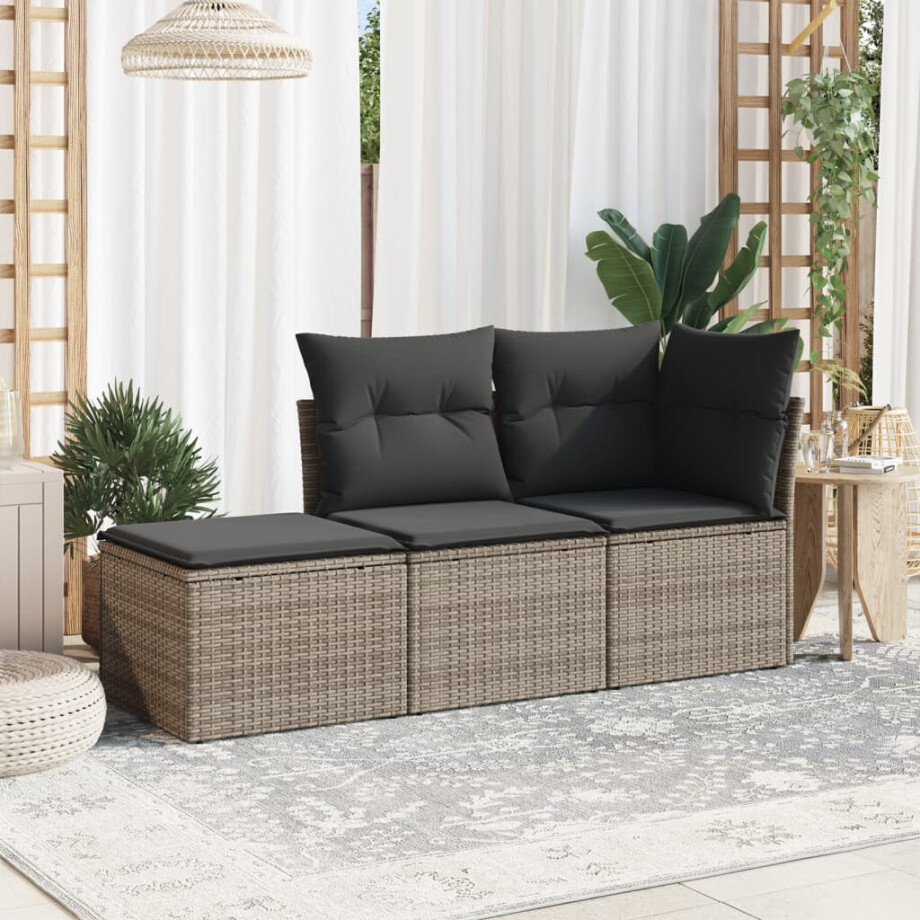 vidaXL 3-delige Loungeset met kussens poly rattan grijs afbeelding 1