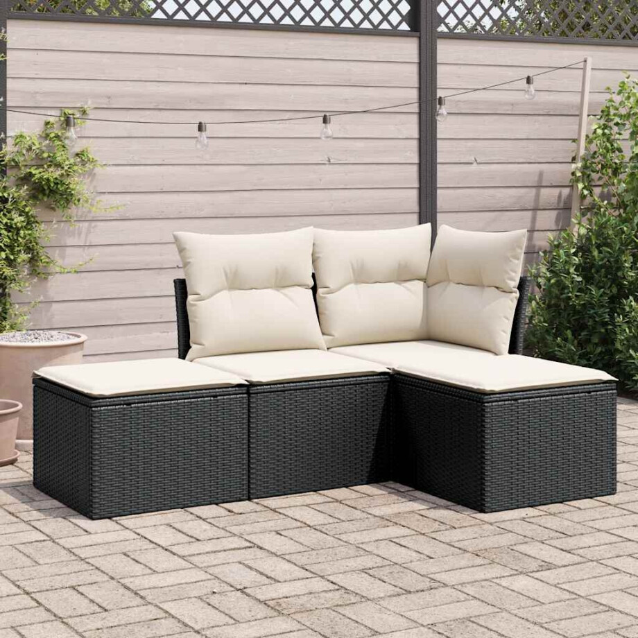 vidaXL 4-delige Loungeset met kussens poly rattan zwart afbeelding 1