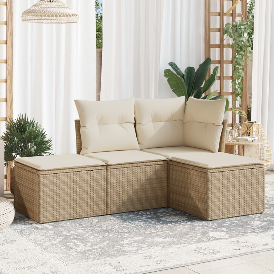 vidaXL 4-delige Loungeset met kussens poly rattan beige afbeelding 1