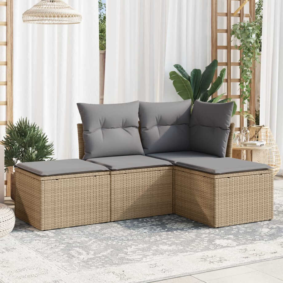 vidaXL 4-delige Loungeset met kussens poly rattan beige afbeelding 1