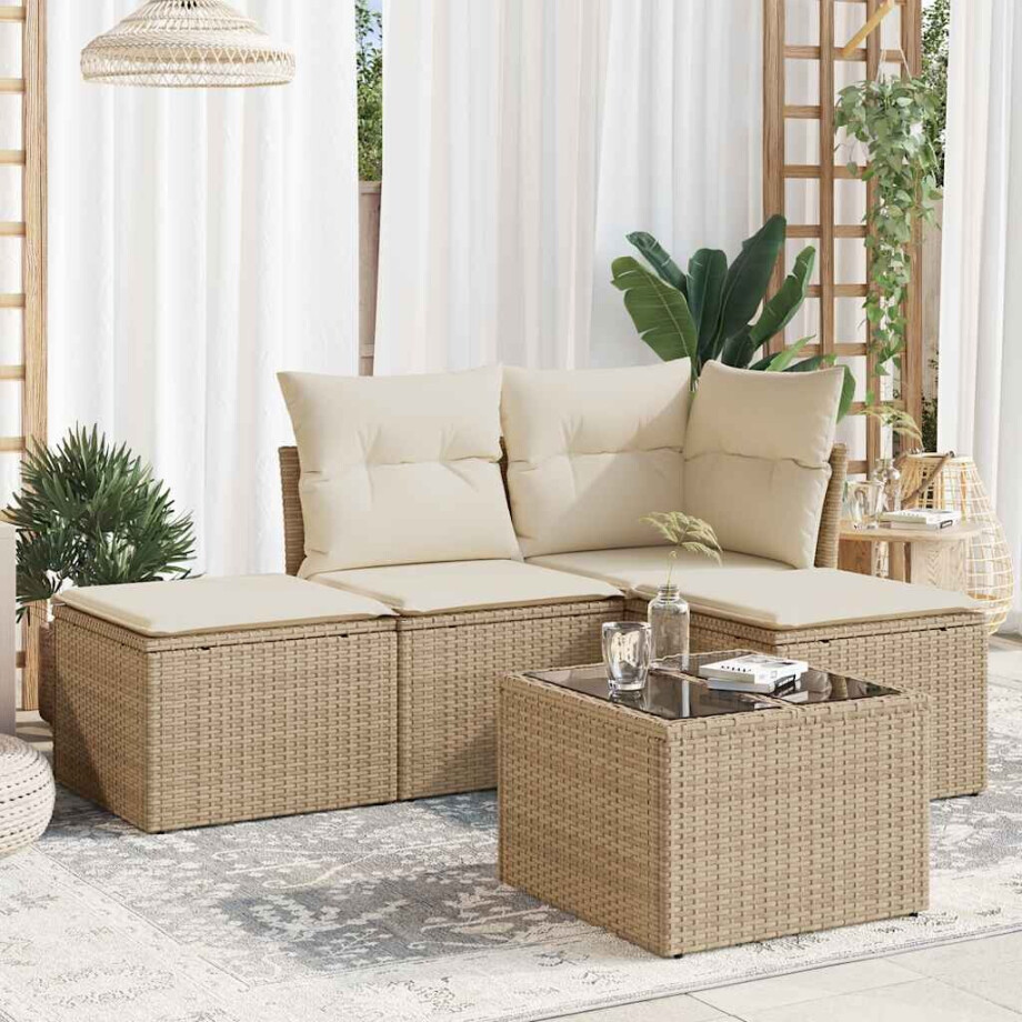 vidaXL 5-delige Loungeset met kussens poly rattan beige afbeelding 1