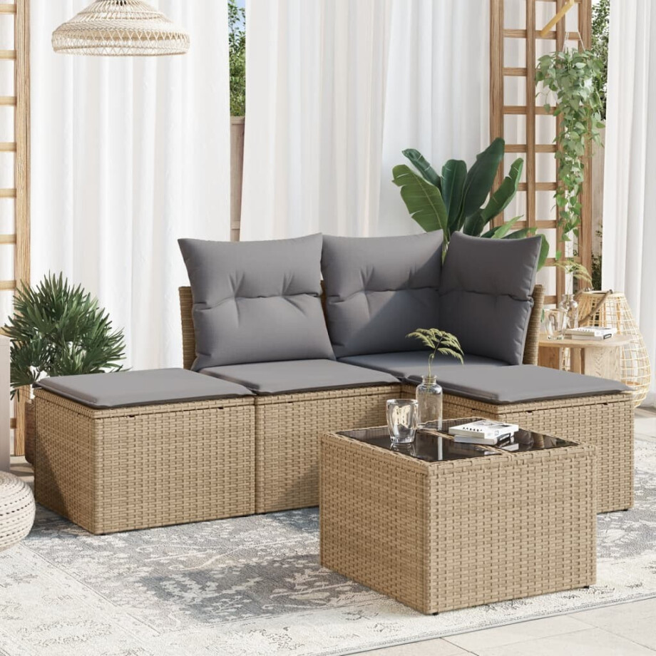vidaXL 5-delige Loungeset met kussens poly rattan beige afbeelding 1
