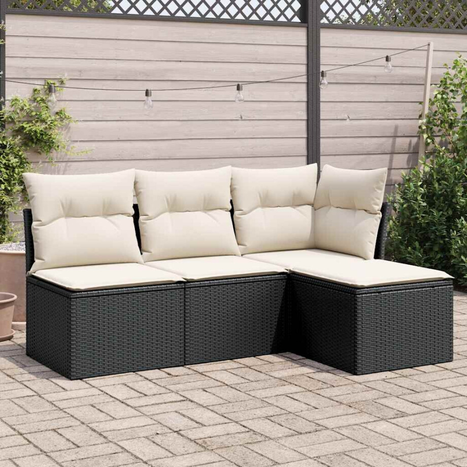 vidaXL 4-delige Loungeset met kussens poly rattan zwart vidaXL 4-delige Loungeset met kussens poly rattan zwart afbeelding 1