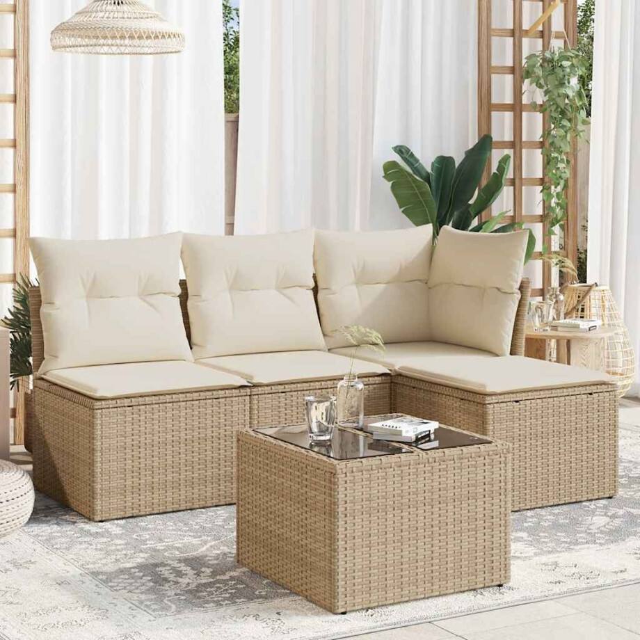vidaXL 5-delige Loungeset met kussens poly rattan beige afbeelding 1