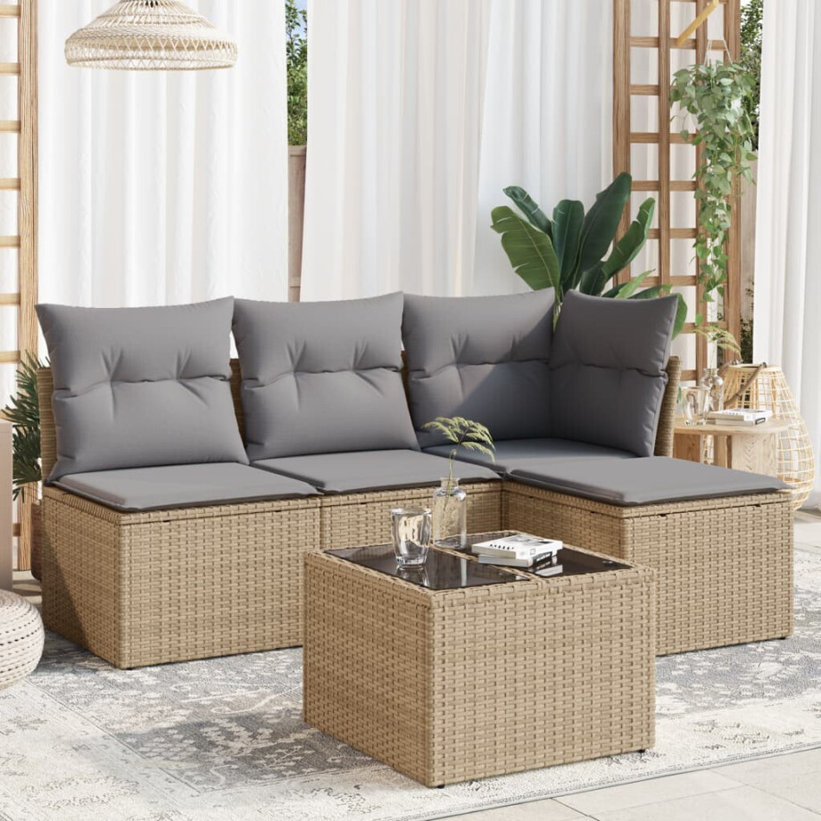 vidaXL 5-delige Loungeset met kussens poly rattan beige afbeelding 1